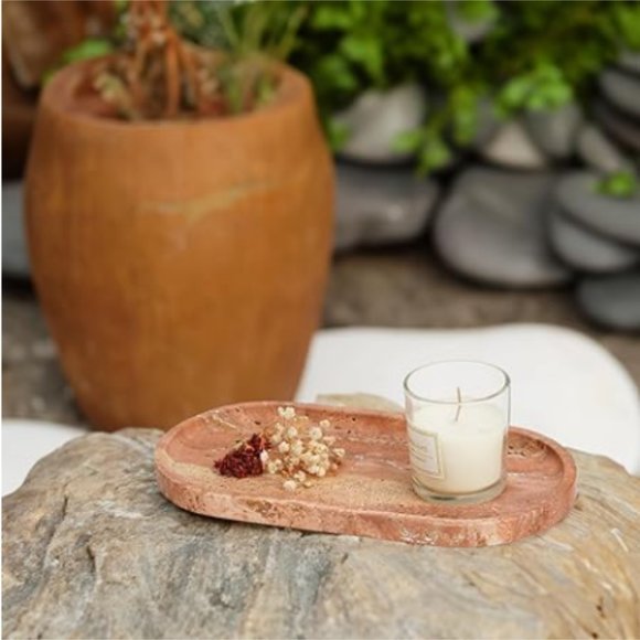 12"  Turkish Red Travertine Tray - Luxury Vanity Decorative Tray for Countertop - Picture 5 of 12